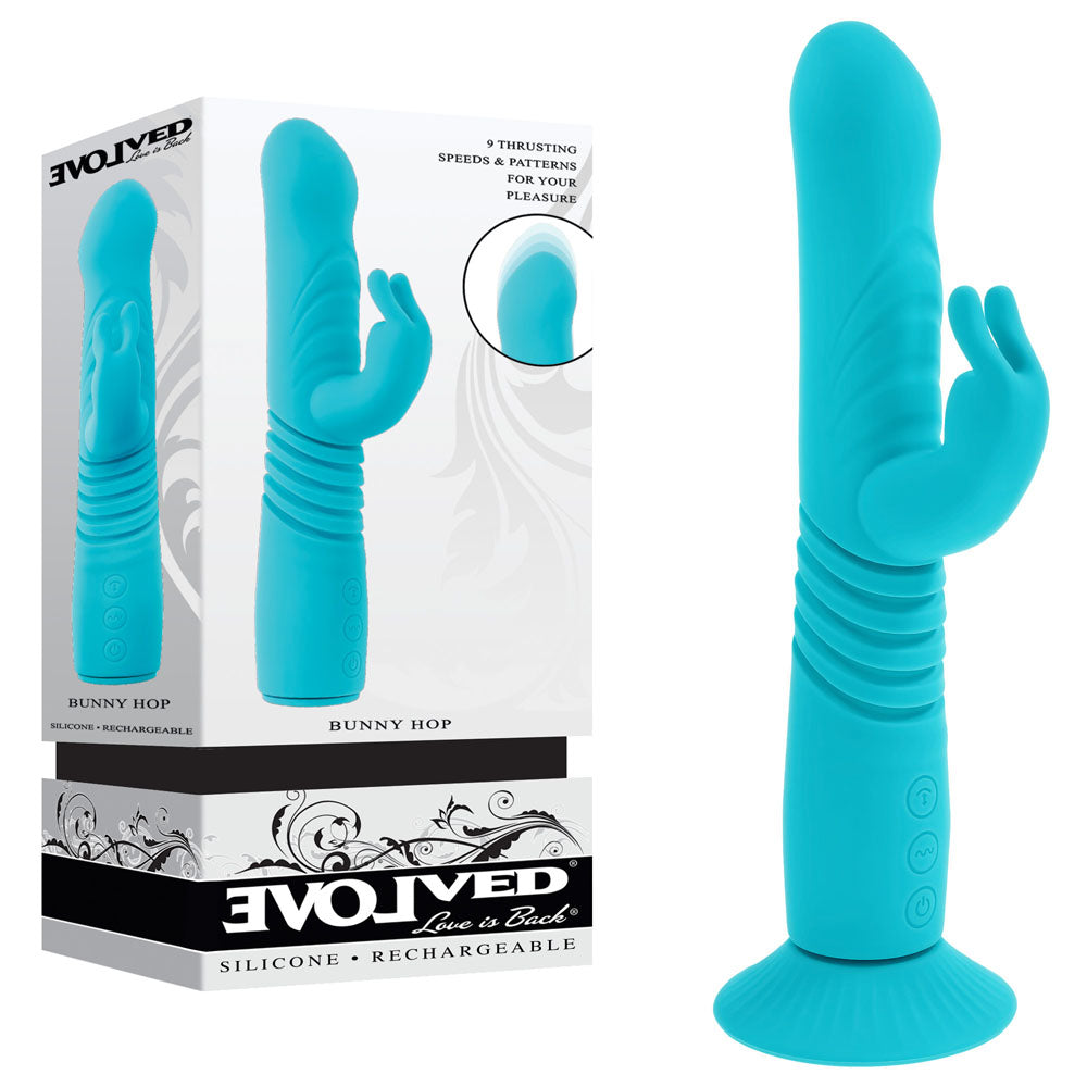 Evolved BUNNY HOP - Teal 25.1 cm USB Rechargeable Thrusting Rabbit Vibrator with Suction Base