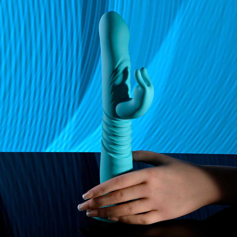 Evolved BUNNY HOP - Teal 25.1 cm USB Rechargeable Thrusting Rabbit Vibrator with Suction Base