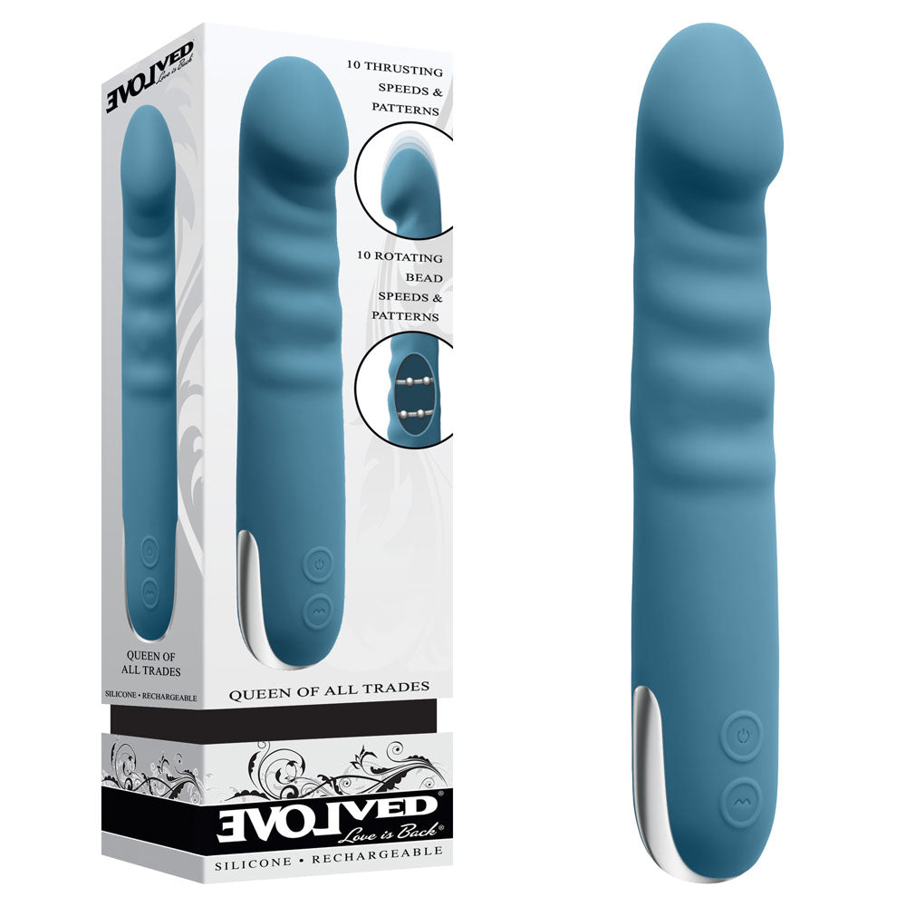 Evolved QUEEN OF ALL TRADES - Blue 22.6 cm USB Rechargeable Thrusting & Rotating Vibrator