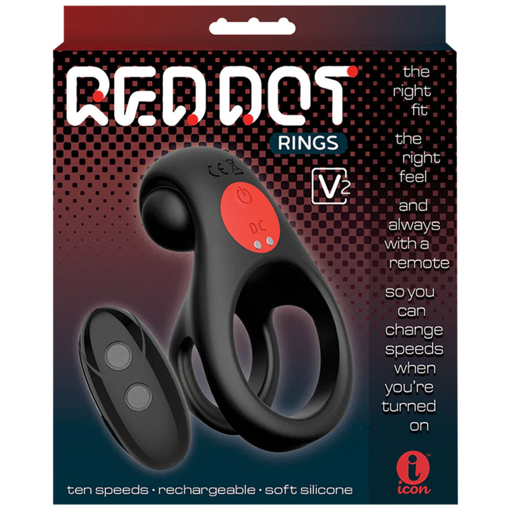 Red Dot Rings - V2 - Black USB Rechargeable Vibrating Cock & Ball Ring with Remote