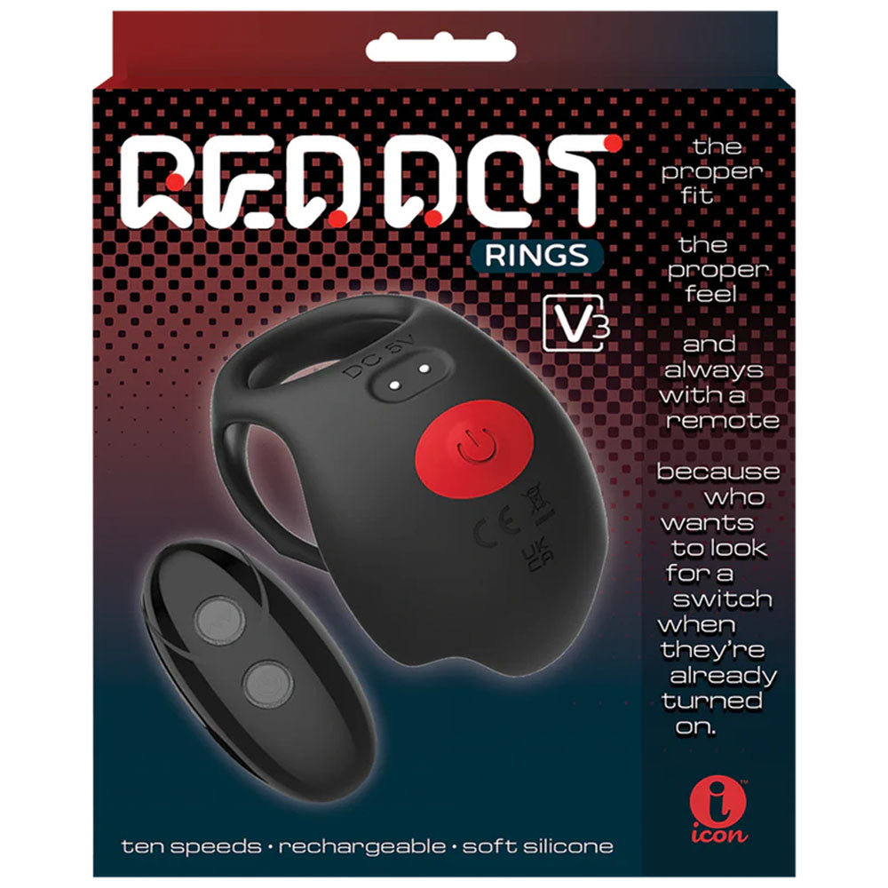 Red Dot Rings - V3 - Black USB Rechargeable Vibrating Cock & Ball Ring with Remote