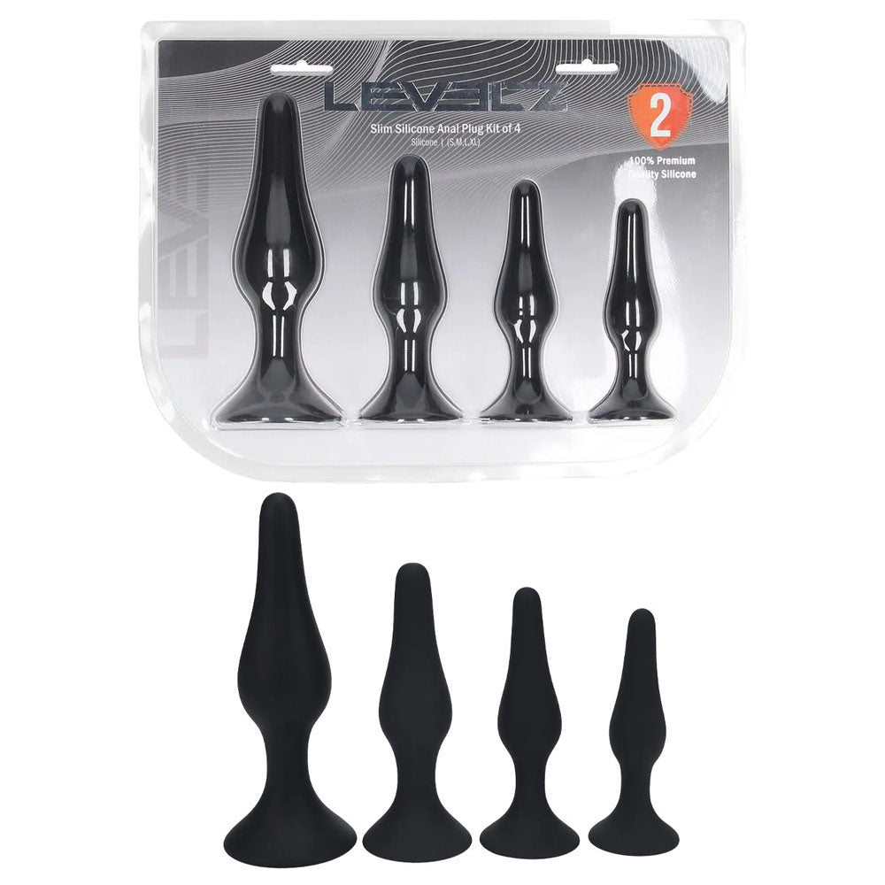 LEVELZ Slim Silicone Anal Plug Kit of 4 - Black Butt Plugs - Set of 4 Sizes
