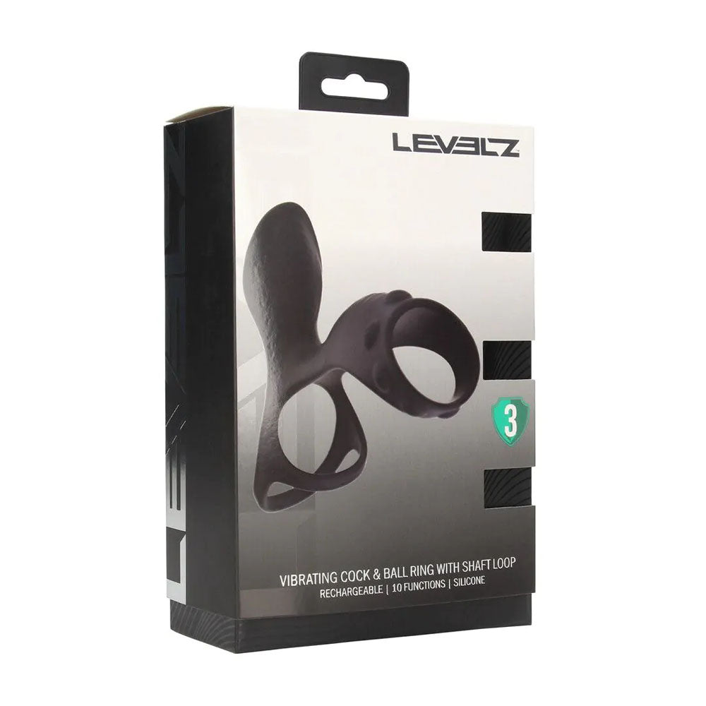 LEVELZ Vibrating Cock & Ball Ring with Shaft Loop - Black USB Rechargeable Vibrating Cock & Ball Rings