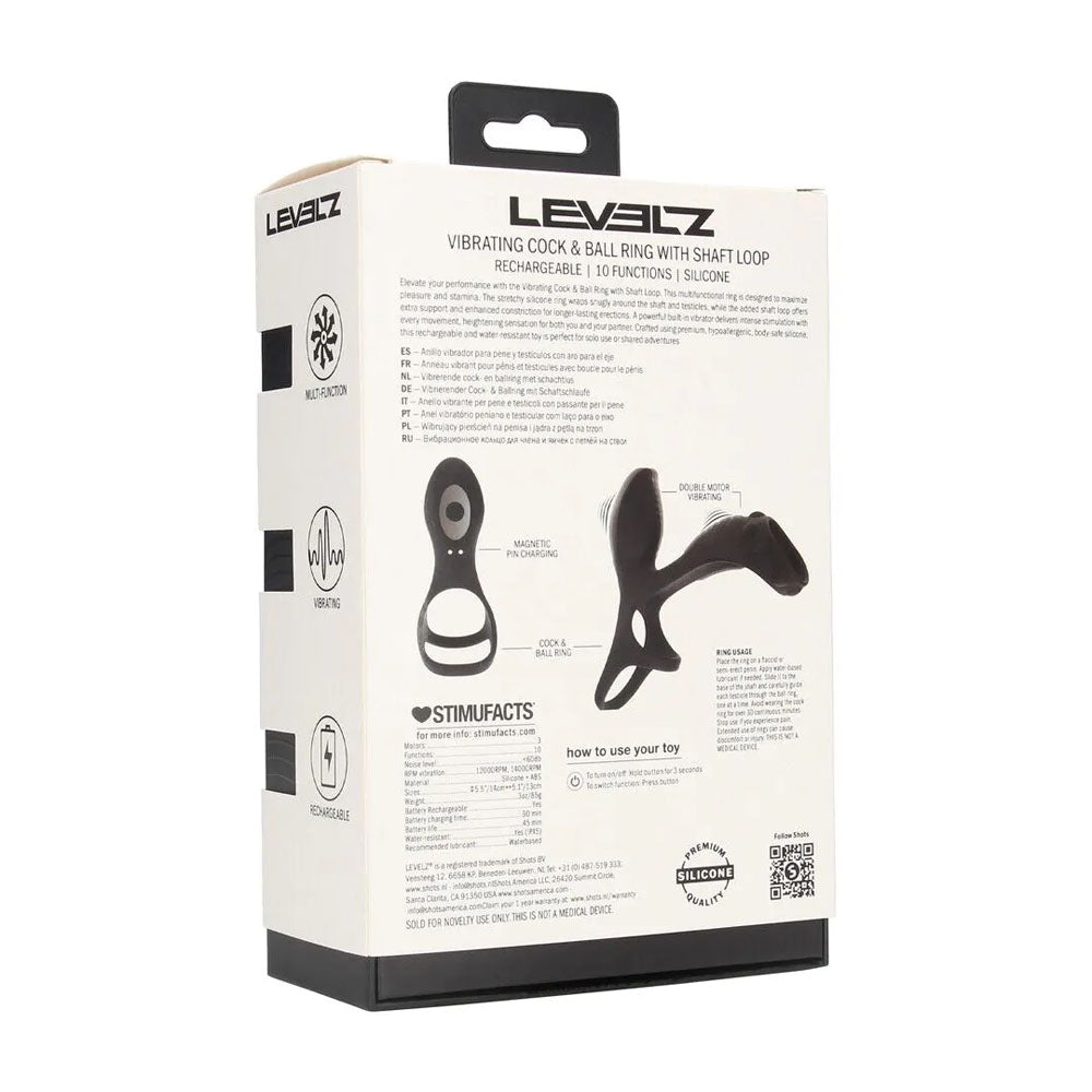 LEVELZ Vibrating Cock & Ball Ring with Shaft Loop - Black USB Rechargeable Vibrating Cock & Ball Rings