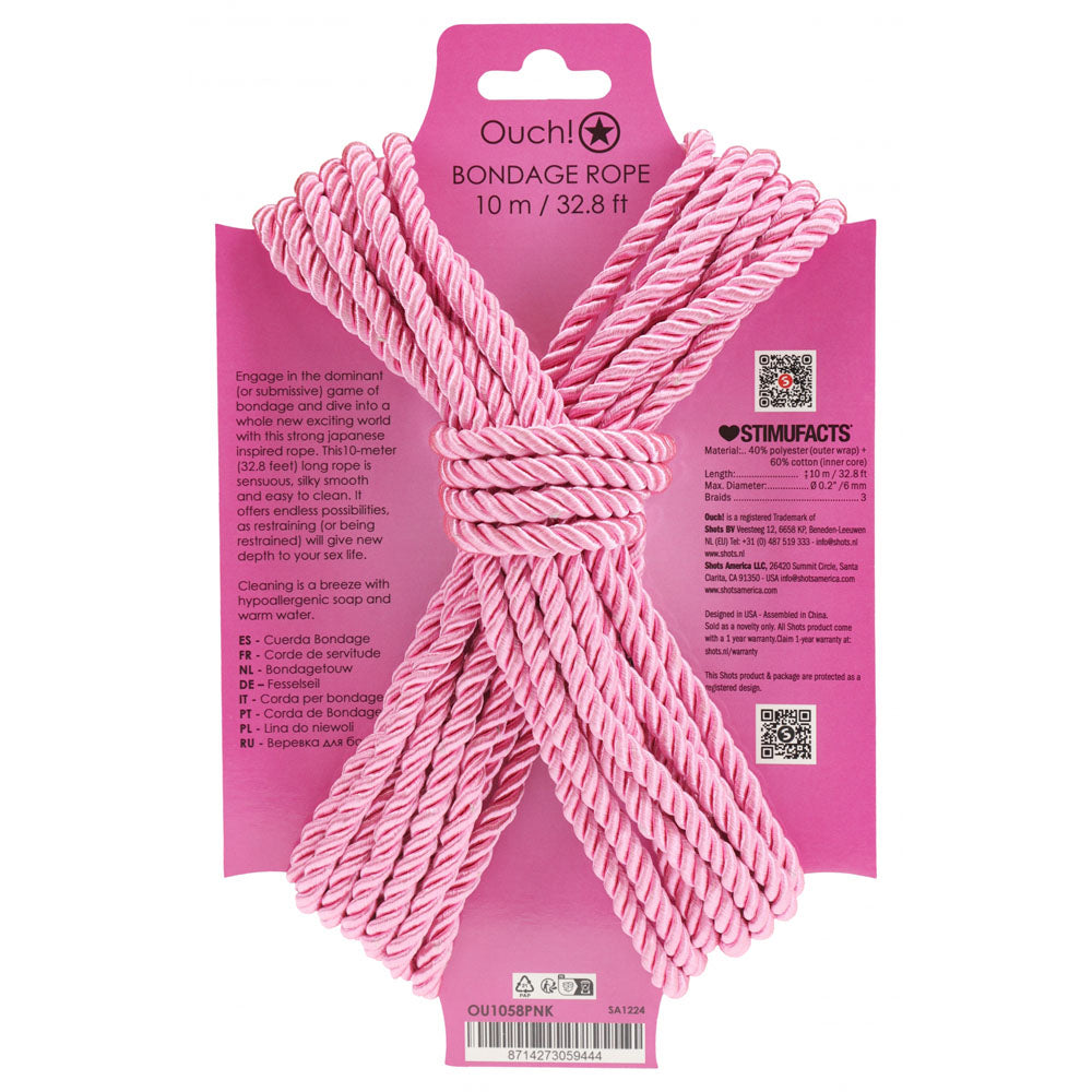 OUCH! Bondage Rope - 10 M - Pink - Pink Nylon Bondage Rope - 10 metre Length