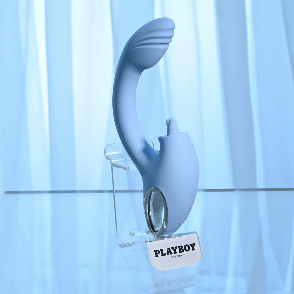 Playboy Pleasure SAPPHIRE SKY - Blue 21.6 cm USB Rechargeable Vibrator with Double Tongue Stimulator