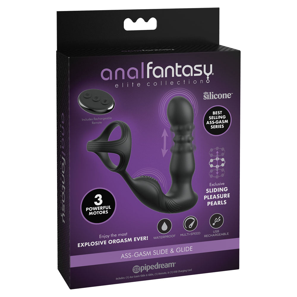 Anal Fantasy Elite Ass-Gasm Slide & Glide - Black USB Rechargeable Prostate Massage with Cock Ring