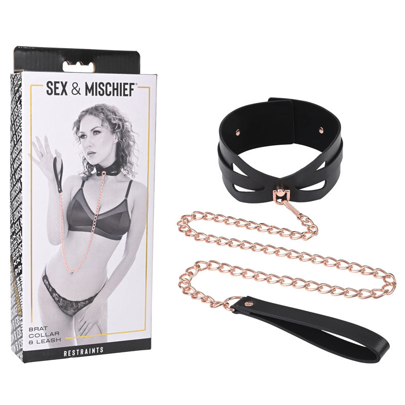 Sex & Mischief Brat Collar & Leash - Rose Gold/Black Restraint