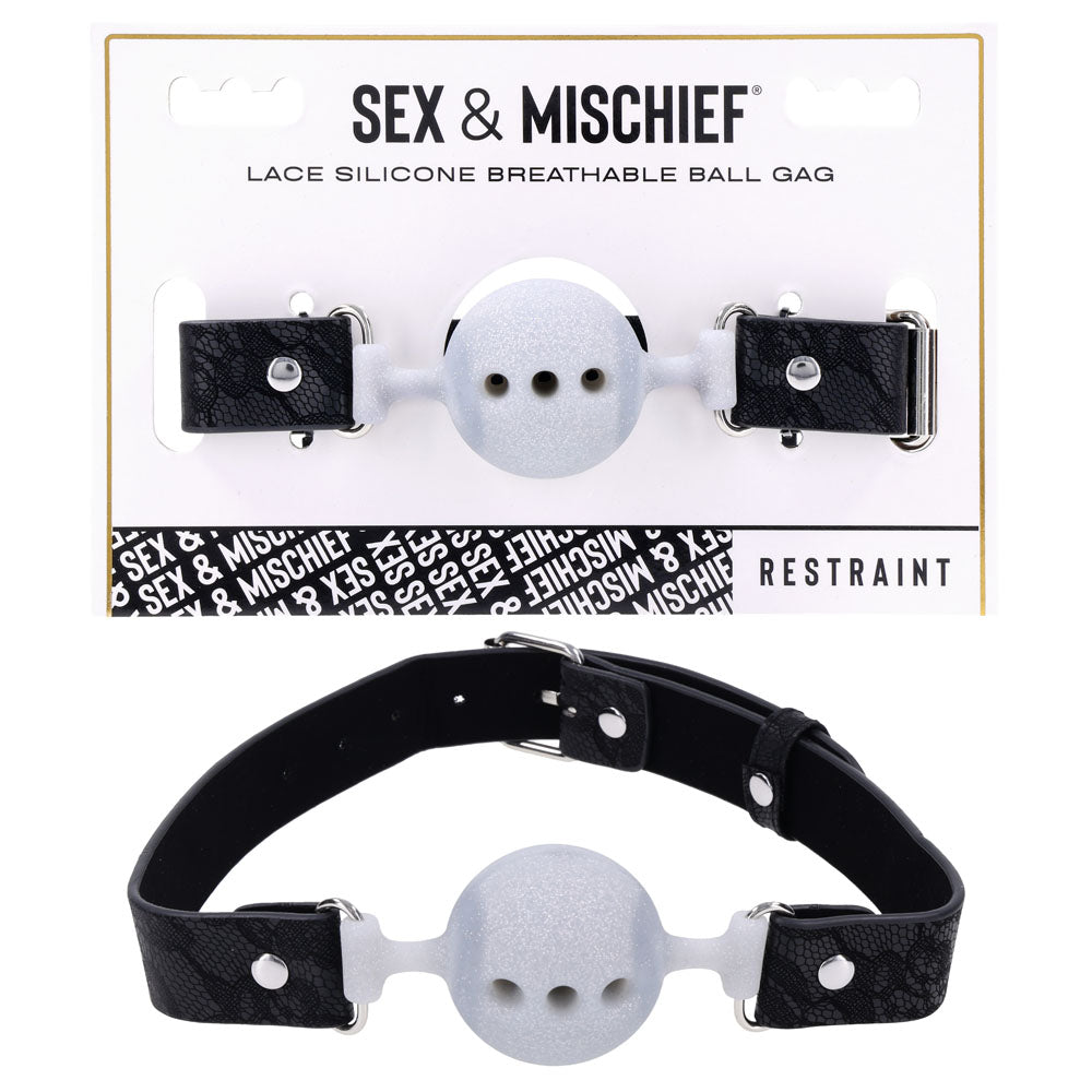 Sex & Mischief Lace Silicone Breathable Ball Gag - Black/Grey Mouth Restraint