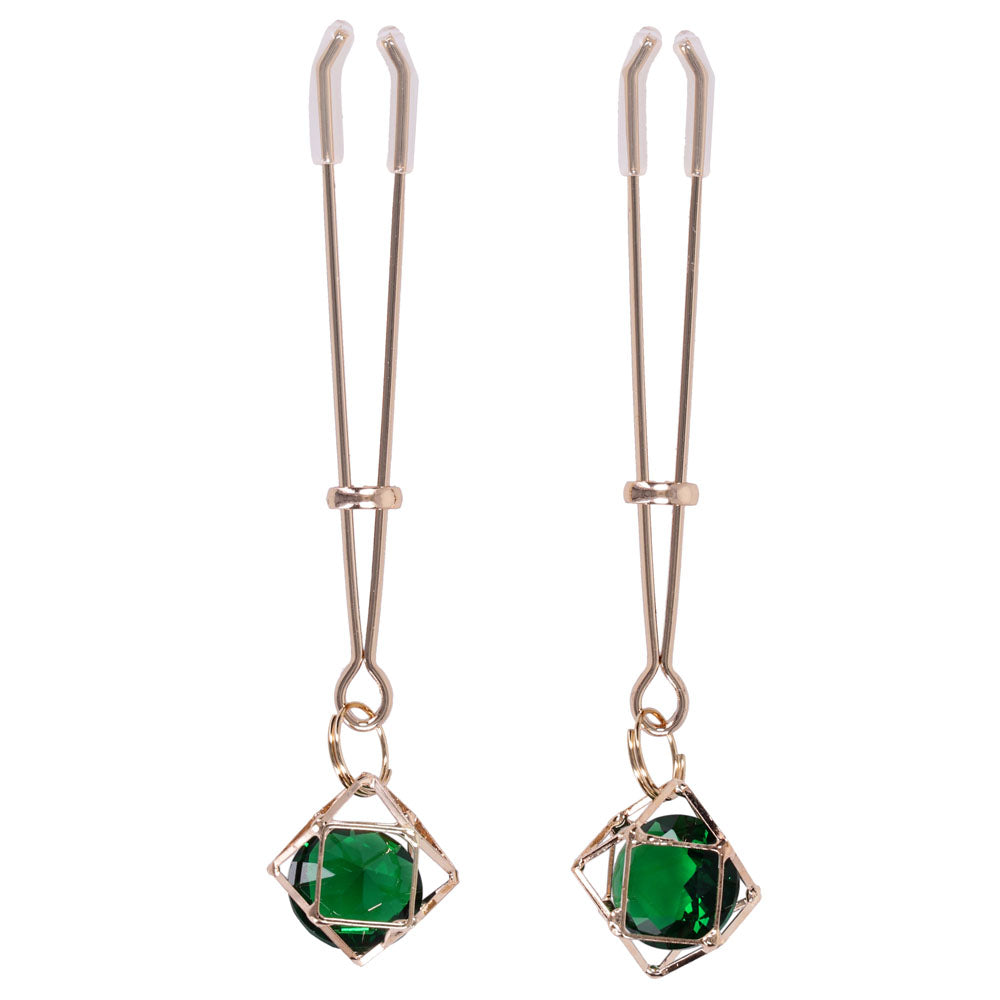 Sex & Mischief Indica Crystal Nipple Clips - Gold Nipple Clips with Emerald Gems