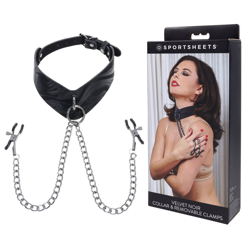 SPORTSHEETS Velvet Noir Collar & Removable Clamps - Black Neck & Nipple Restraints