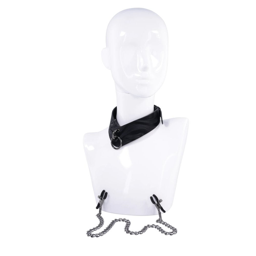 SPORTSHEETS Velvet Noir Collar & Removable Clamps - Black Neck & Nipple Restraints