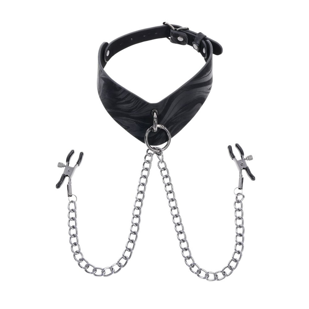 SPORTSHEETS Velvet Noir Collar & Removable Clamps - Black Neck & Nipple Restraints