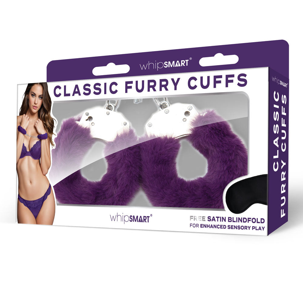 WhipSmart Classic Furry Cuffs - Purple - Purple Furry Restraints with Bonus Eye Mask