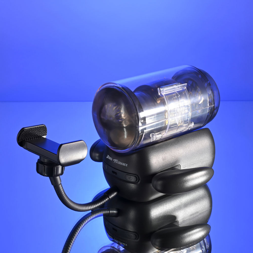 Zero Tolerance HOLD ME TIGHT - Black USB Rechargeable Vibrating Auto Stroker with Phone Holder
